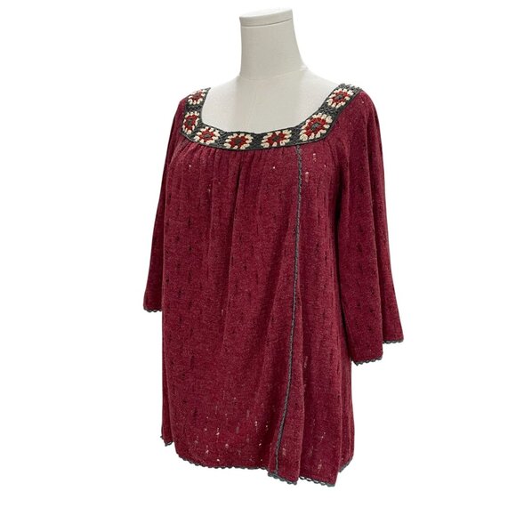 Burgundy Crochet Trim Peasant Tunic Top Maverick The Collection Oversized S - Picture 5 of 12